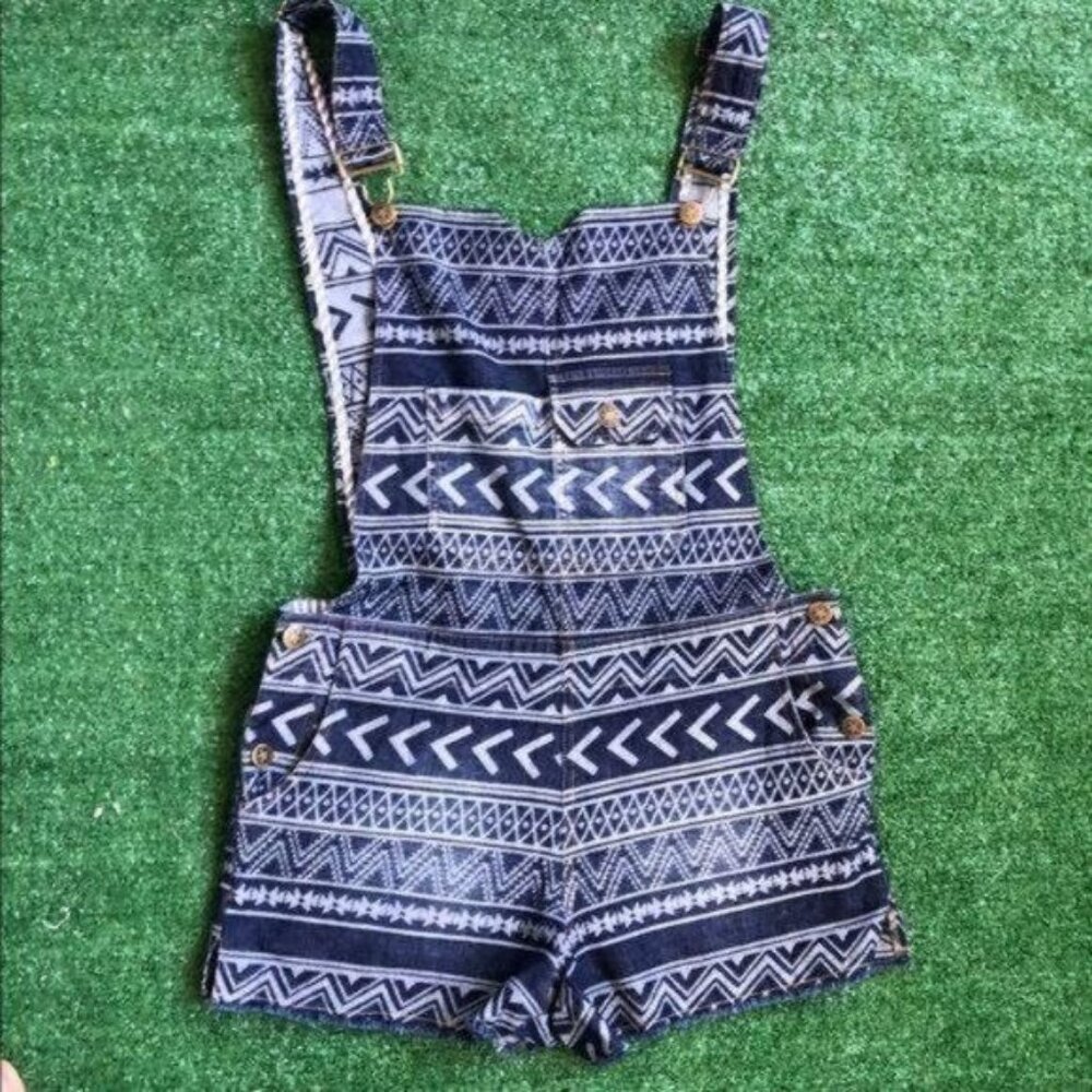 Under Skies Denim Short Overall White Print Size S - Picture 8 of 10